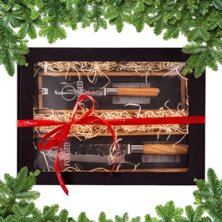 Kalėdinis dovanų rinkinys su Forged virtuviniais peiliais – prabangi dovana grilio ir maisto entuziastui.